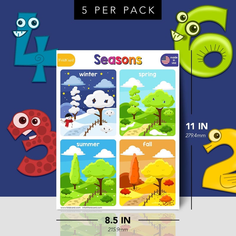 FoldCard Educational Charts for Preschool to Grade 1 Kids – Bright and Colorful Educational Visual/Learning Aid Poster for Classroom or Home | Glossy Durable Cardstock | 8.5" x 11" | 5 per Pack (Seasons) - Image 2